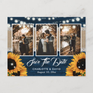 Navy Blue Sunflower Wedding Photo Save The Date Announcement Postcard