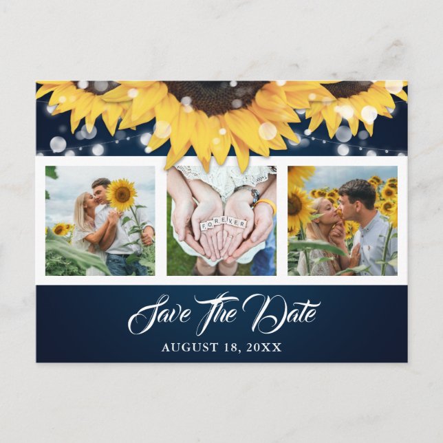Navy Blue Sunflower Wedding Photo Save The Date Announcement Postcard (Front)