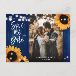 Navy Blue Sunflower Wedding Photo Save The Date Announcement Postcard