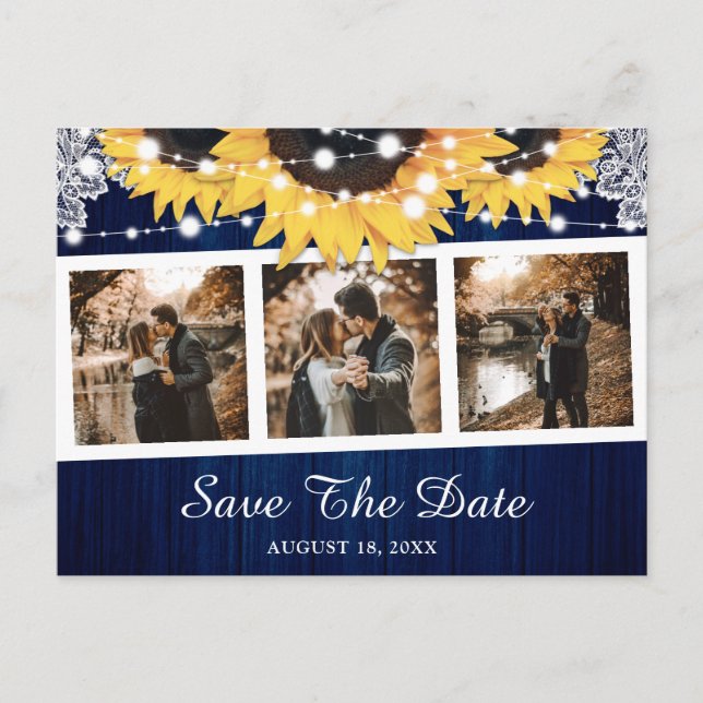 Navy Blue Sunflower Wedding Photo Save The Date Announcement Postcard (Front)