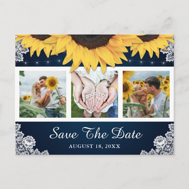 Navy Blue Sunflower Wedding Photo Save The Date Announcement Postcard (Front)
