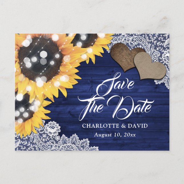 Navy Blue Sunflower Wedding Save The Date Announcement Postcard (Front)