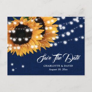 Navy Blue Sunflower Wedding Save The Date Postcard