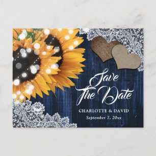 Navy Blue Sunflower Wedding Save The Date Postcard