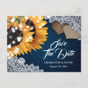 Navy Blue Sunflower Wedding Save The Date Postcard