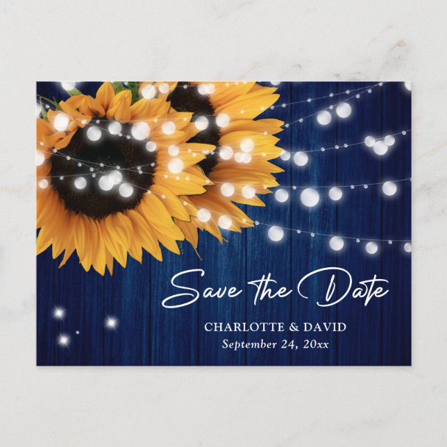 Navy Blue Sunflower Wedding Save The Date Postcard (Front)