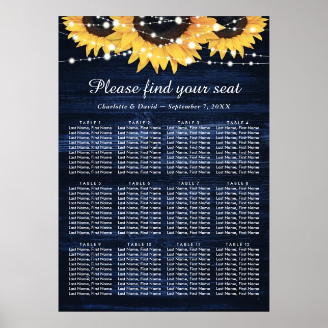 Navy Blue Sunflower Wedding Seating Chart 12 (Front)