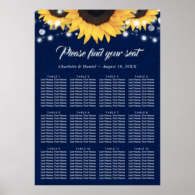 Navy Blue Sunflower Wedding Seating Plan 12 Poster (Front)