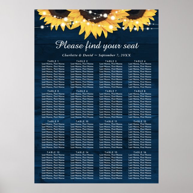 Navy Blue Sunflower Wedding Seating Plan 16 Poster (Front)