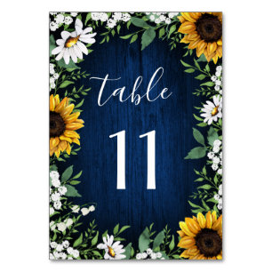 Navy Blue Sunflower Wedding Table Number Cards