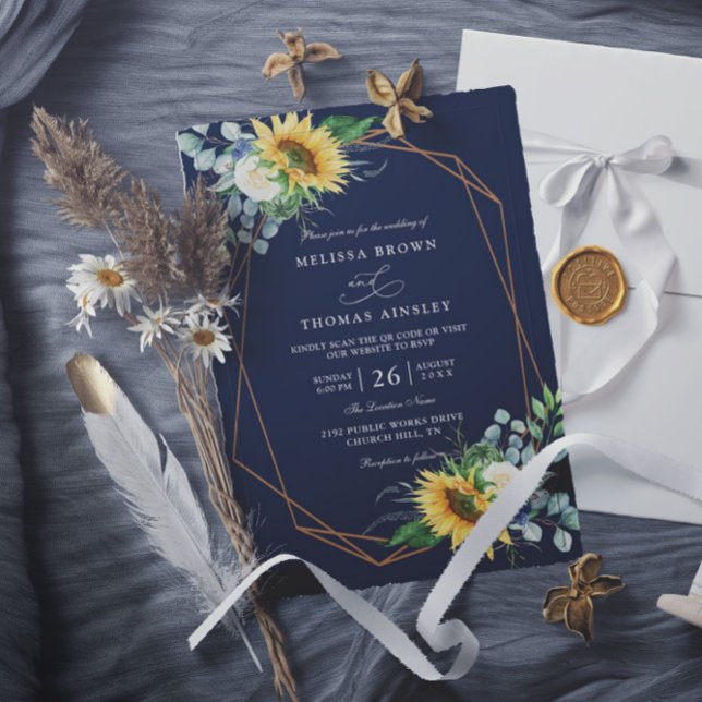 navy blue Sunflower white peony qr code wedding Invitation (Creator Uploaded)