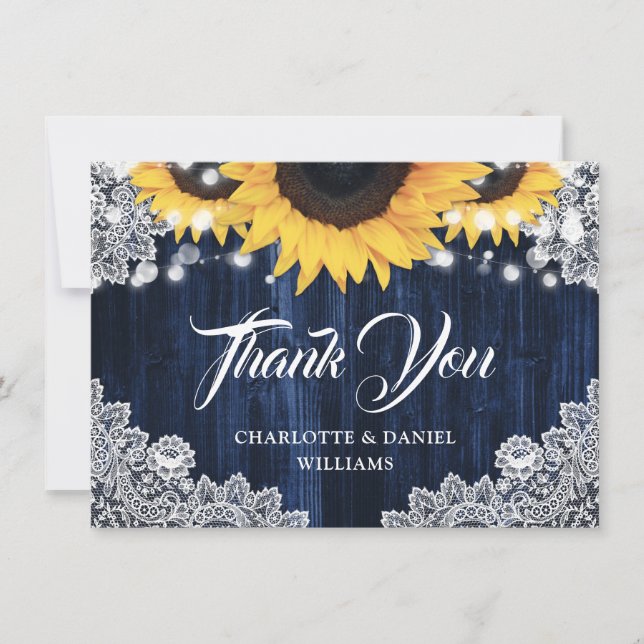 Navy Blue Sunflower Wood Elegant Script Wedding Thank You Card (Front)