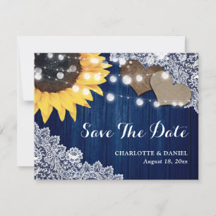 Navy Blue Sunflower Wood Floral Lace Wedding Announcement