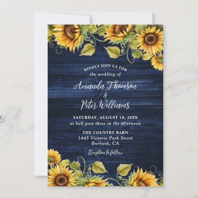 Navy Blue Sunflower Wood Floral Wedding Invitation (Front)
