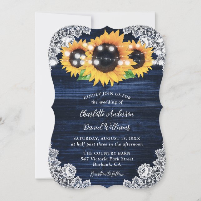 Navy Blue Sunflower Wood Lace Wedding Invitation (Front)