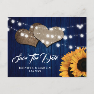 Navy Blue Sunflower Wood String Lights Wedding Postcard
