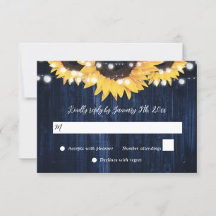 Navy Blue Sunflower Wood String Lights Wedding RSVP Card