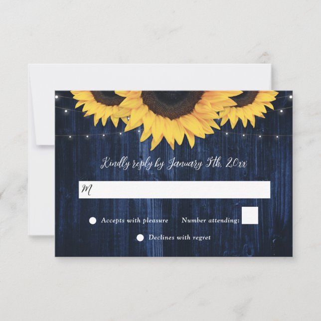 Navy Blue Sunflower Wood String Lights Wedding RSVP Card (Front)