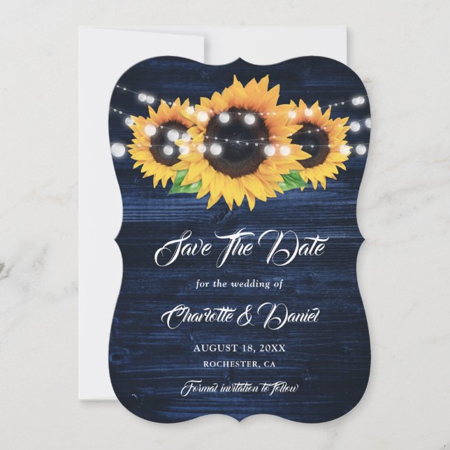 Navy Blue Sunflower Wood String Lights Wedding Save The Date (Front)