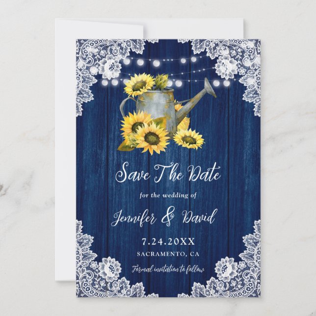 Navy Blue Sunflower Wood Watering Can Wedding Save The Date (Front)