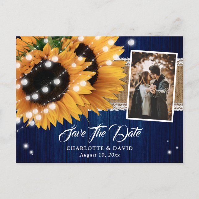 Navy Blue Sunflower Wood Wedding Photo Announcement Postcard (Front)
