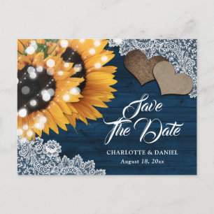 Navy Blue Sunflower Wood Wedding Save The Date Announcement Postcard