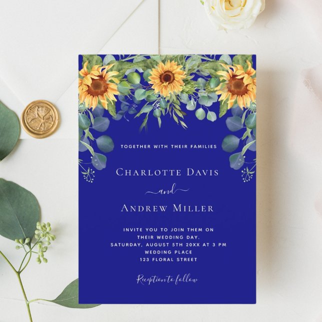 Navy blue sunflowers eucalyptus greenery invitation (Creator Uploaded)