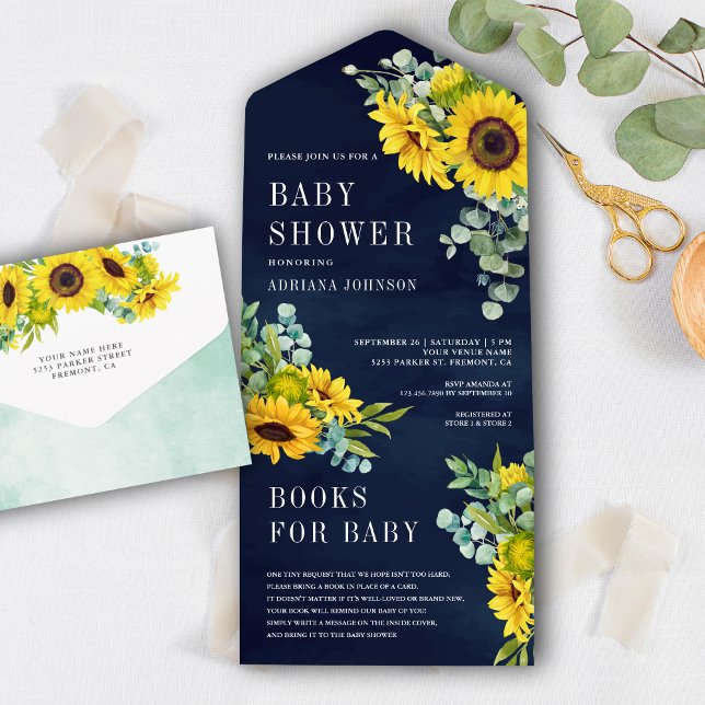 Navy Blue Sunflowers Eucalyptus Leaves Baby Shower All In One Invitation (Creator Uploaded)