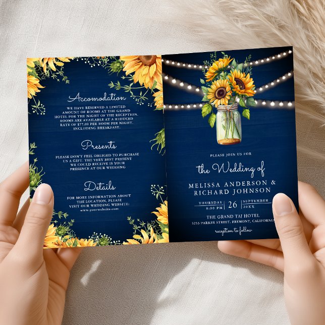 Navy Blue Sunflowers Mason Jar QR Code Wedding Invitation (Creator Uploaded)