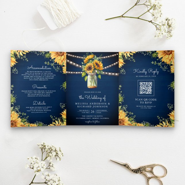 Navy Blue Sunflowers Mason Jar QR Code Wedding Tri-Fold Invitation (Creator Uploaded)