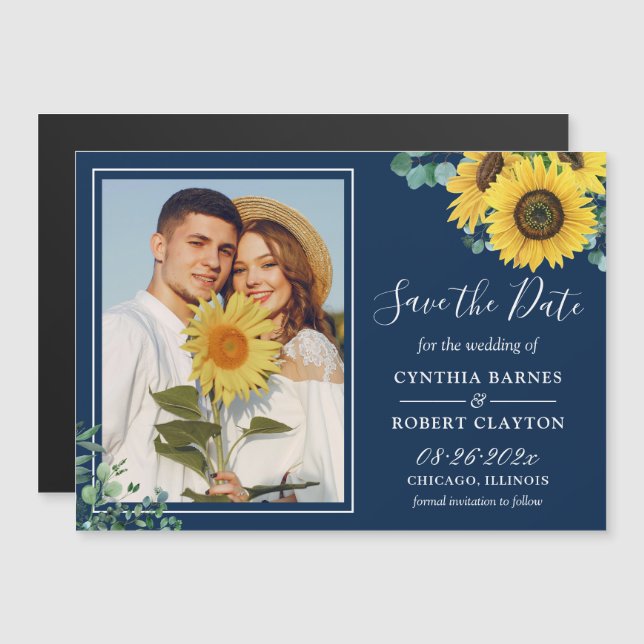 Navy Blue Sunflowers Photo Save the Date Magnet (Front/Back)