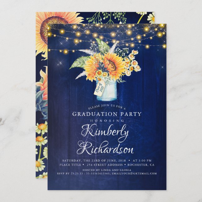 Navy Blue Sunflowers Rustic Fall Graduation Invitation (Front/Back)