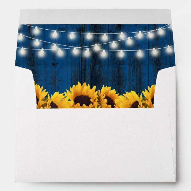 Navy Blue Sunflowers String Lights Rustic Wedding Envelope (Back (Bottom))