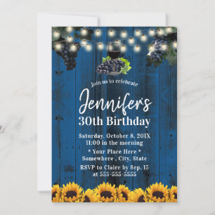 Navy Blue Sunflowers Vineyard Wine 30th Birthday Invitation