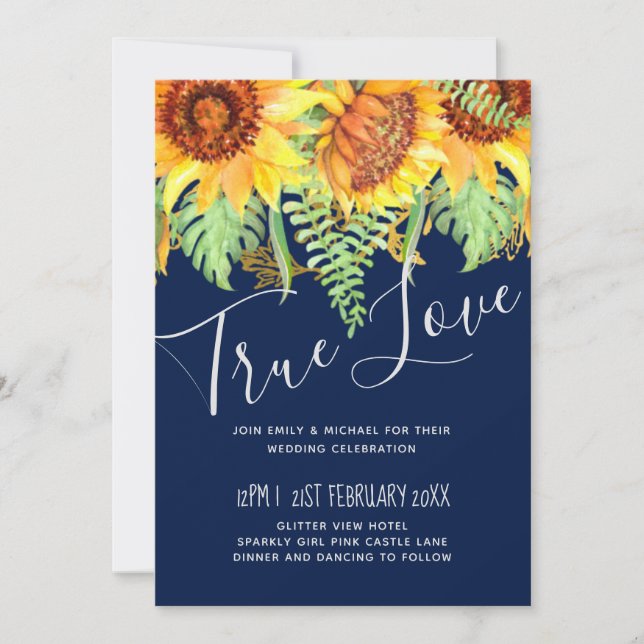 Navy Blue Sunflowers Wedding Modern Budget (Front)