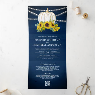 Navy Blue Sunflowers White Pumpkin QR Code Wedding Tri-Fold Invitation