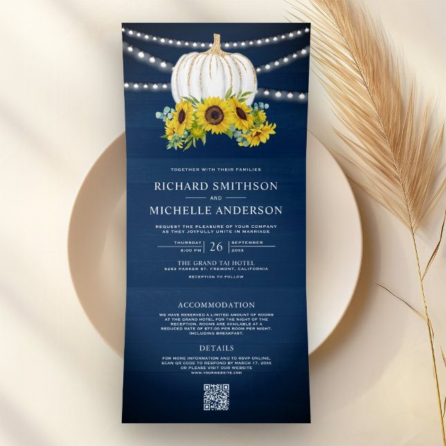 Navy Blue Sunflowers White Pumpkin QR Code Wedding Tri-Fold Invitation (Creator Uploaded)