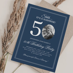 Navy Blue Surprise 50th Birthday Party Invitation