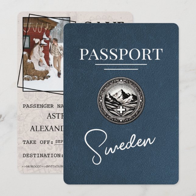 Navy Blue Sweden Passport Save The Date (Front/Back)