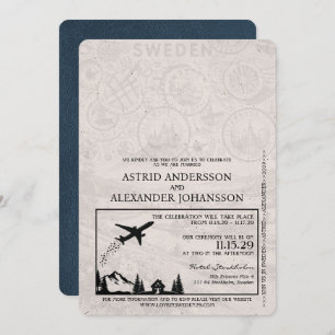 Navy Blue Sweden Passport Wedding Invitation