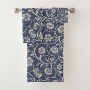 Navy Blue Swirl Flowers Bath Towel Set
