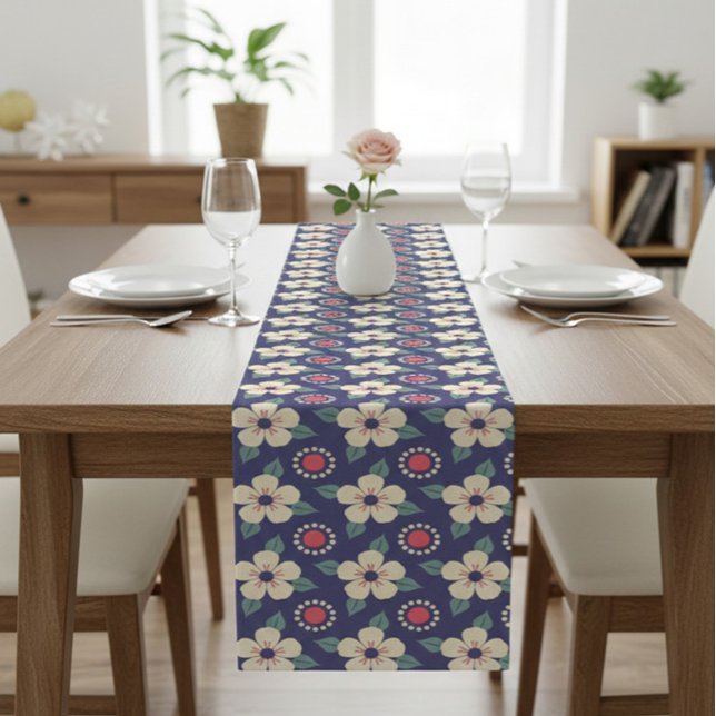 Navy Blue Table Runner with Cream Flowers  (Creator Uploaded)