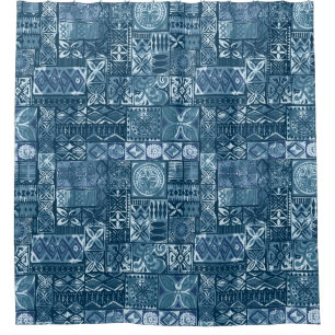 Navy Blue Tapa: Tribal Fabric Abstract Shower Curtain