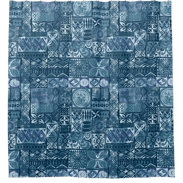 Navy Blue Tapa: Tribal Fabric Abstract Shower Curtain (Front)