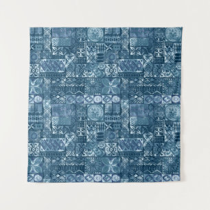 Navy Blue Tapa: Tribal Fabric Abstract Tapestry