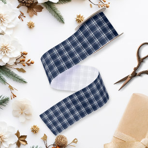 Navy Blue Tartan Plaid Check Christmas Satin Ribbon