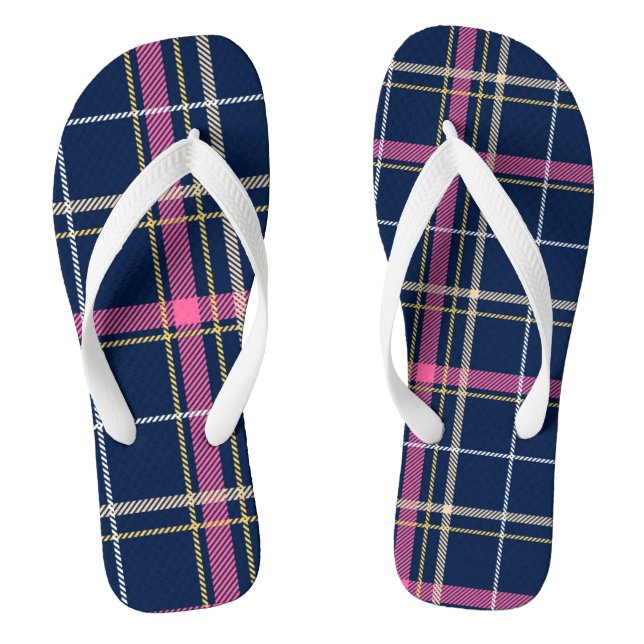 Navy Blue Tartan Plaid Navy Yellow White Pink Thongs (Footbed)