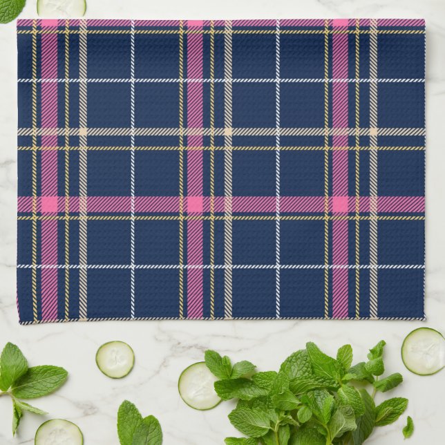 Navy Blue Tartan Plaid with Pink White Beige Tea Towel (Folded)