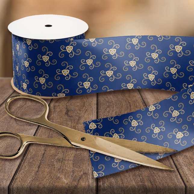 Navy Blue Taupe Floral Print Pretty Elegant Floral Satin Ribbon (Creator Uploaded)