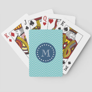 Navy Blue, Teal Chevron Pattern   Your Monogram Playing Cards